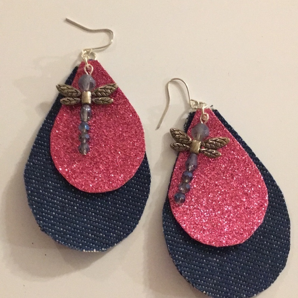 Denim Teardrop Earrings with Dragonfly Charm (N)